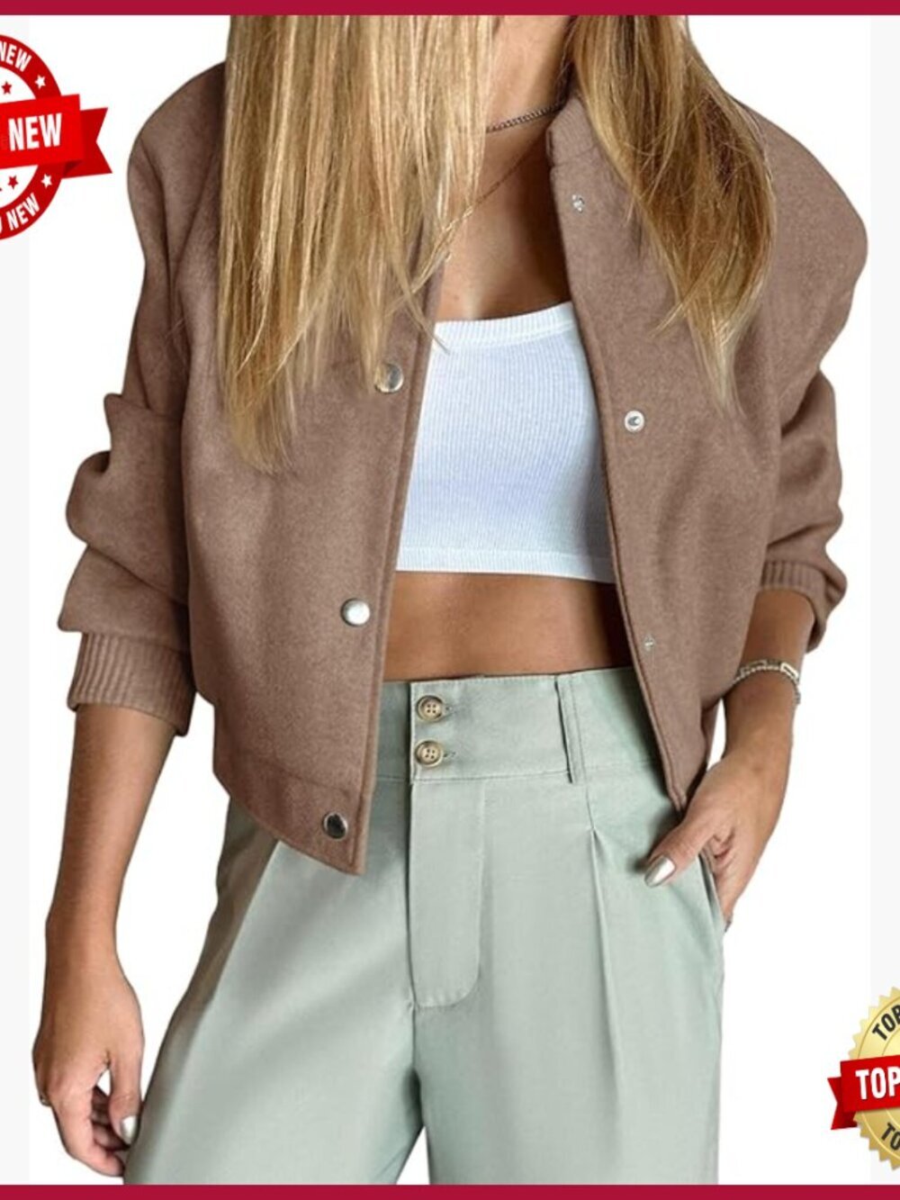 Cropped Bomber Jacket Wool Blend Long Sleeve Button Down Casual Outerwear